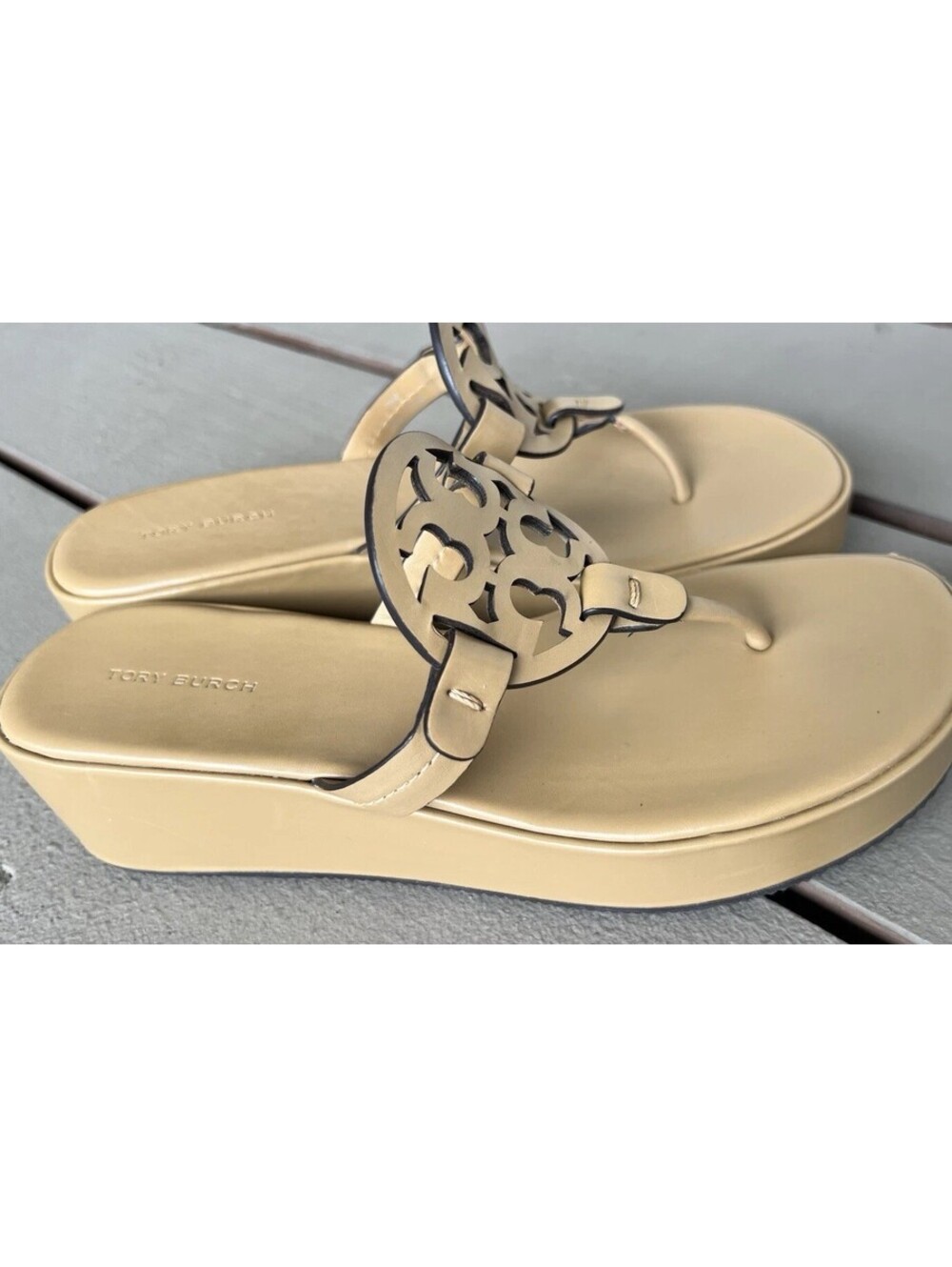 TORY BURCH Miller Wedge Sandals Ginger Shortbread Leather Women's Shoes 7.5 - Picture 2 of 15